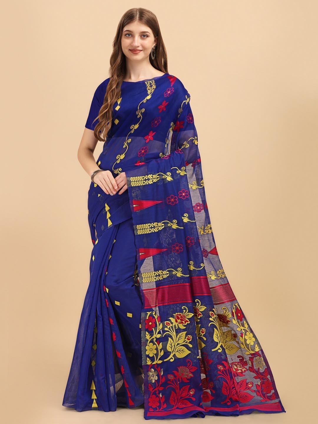 

TEREZA Woven Design Silk Cotton Jamdani Saree, Blue