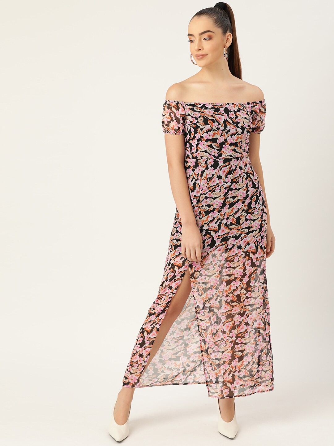 

DODO & MOA Floral Off-Shoulder Georgette Maxi Dress, Black