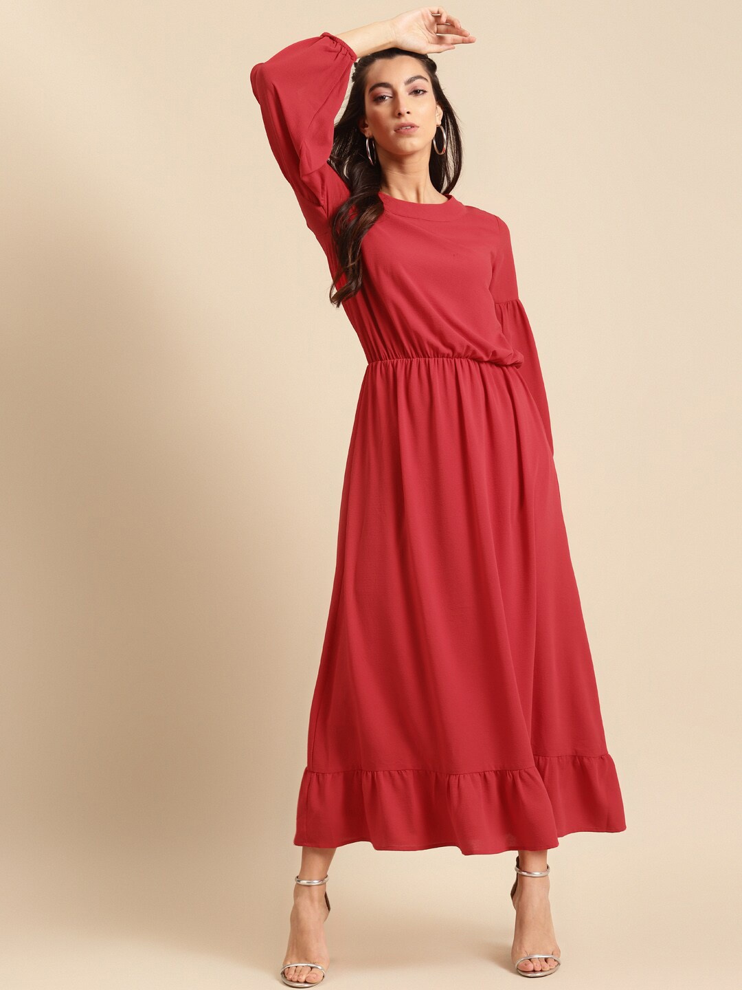 

DODO & MOA Slit Sleeves Round Neck Maxi Dress, Red