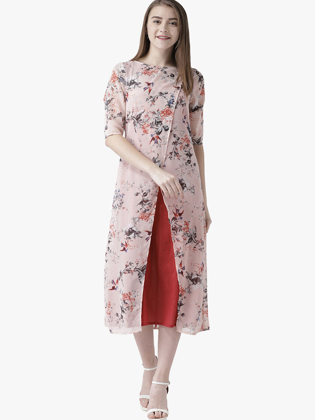 

DODO & MOA Floral Printed Georgette A-Line Midi Dress, Peach