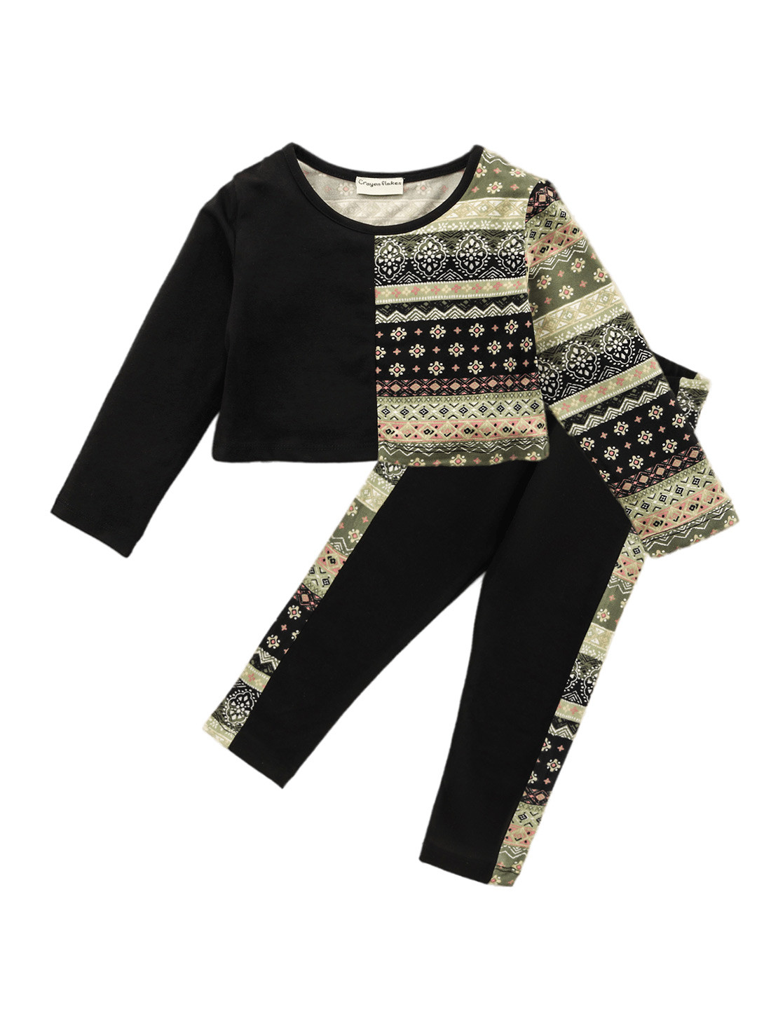 

CrayonFlakes Girls Printed Pure Cotton Top with Leggings, Black