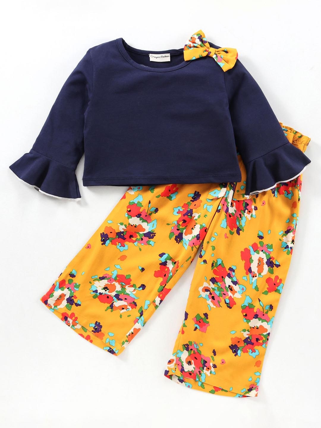 

CrayonFlakes Girls Round Neck Pure Cotton Top with Palazzos, Navy blue