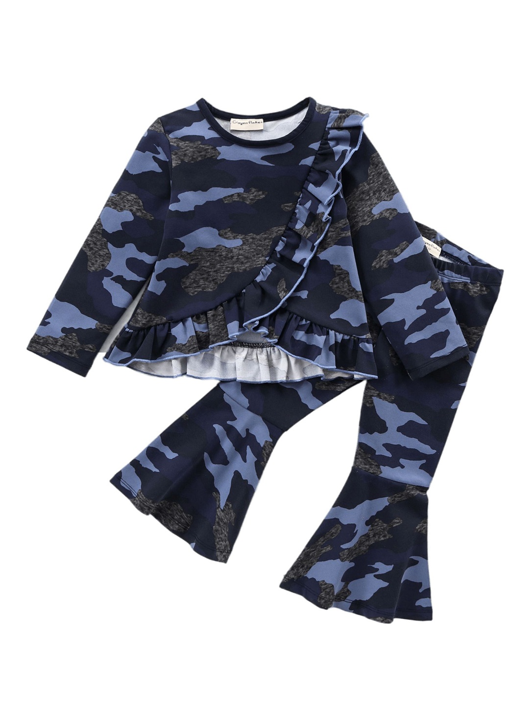 

CrayonFlakes Girls Camouflage Printed Ruffles Details Top with Bootcut Trousers, Navy blue