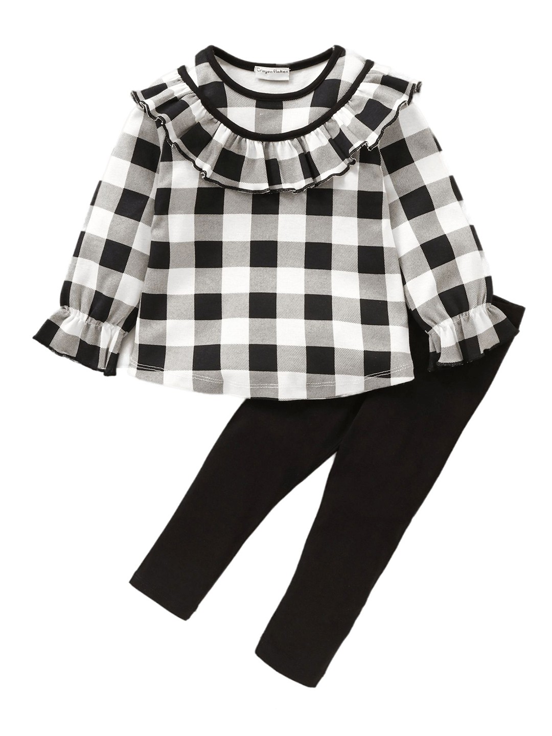 

CrayonFlakes Girls Checked Pure Cotton Top with Leggings, Black
