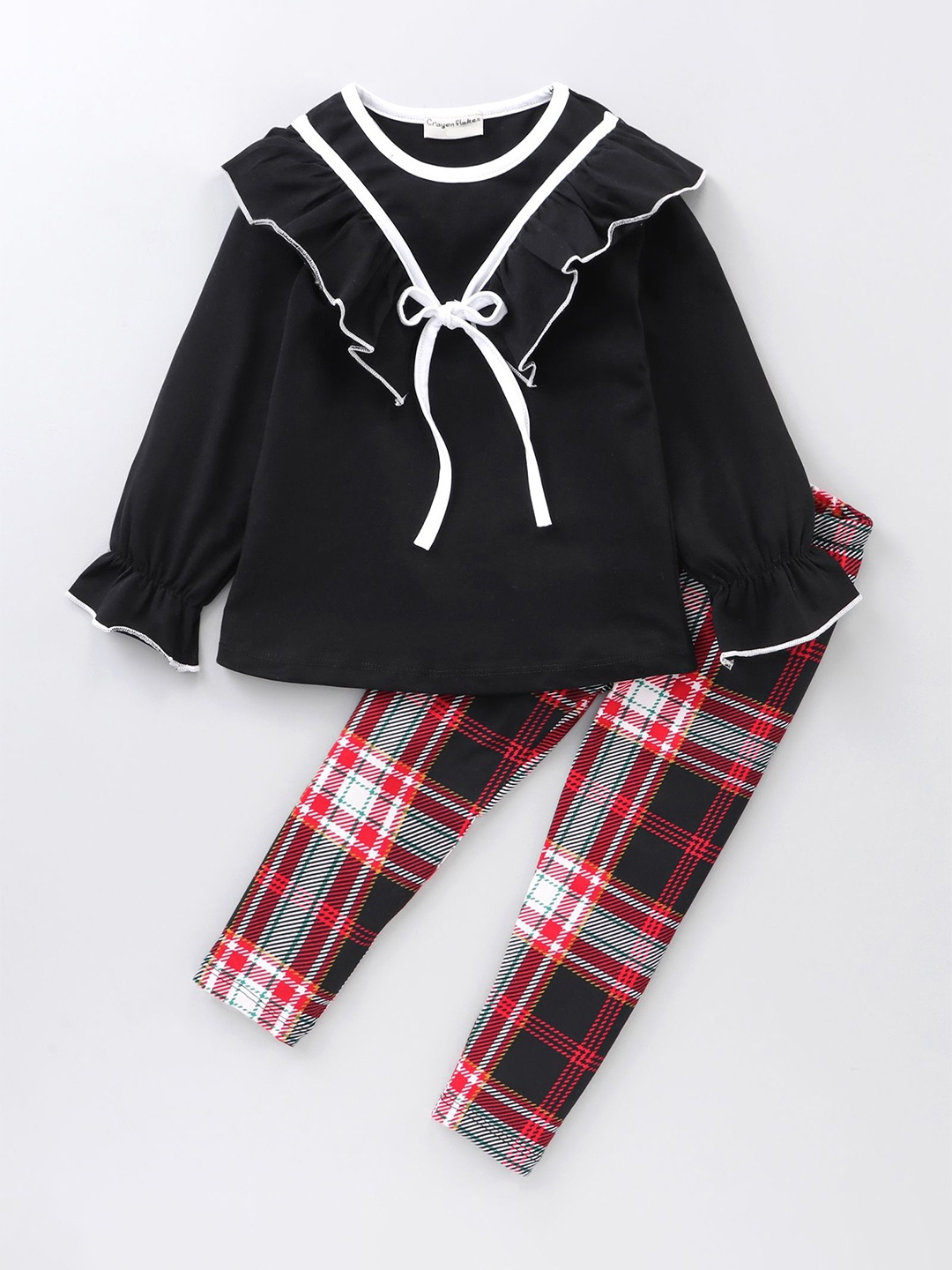 

CrayonFlakes Girls Printed Pure Cotton Top with Leggings, Black