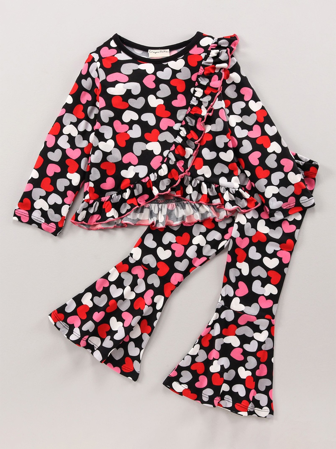 

CrayonFlakes Girls Printed Pure Cotton Top with Bootcut Pant, Black
