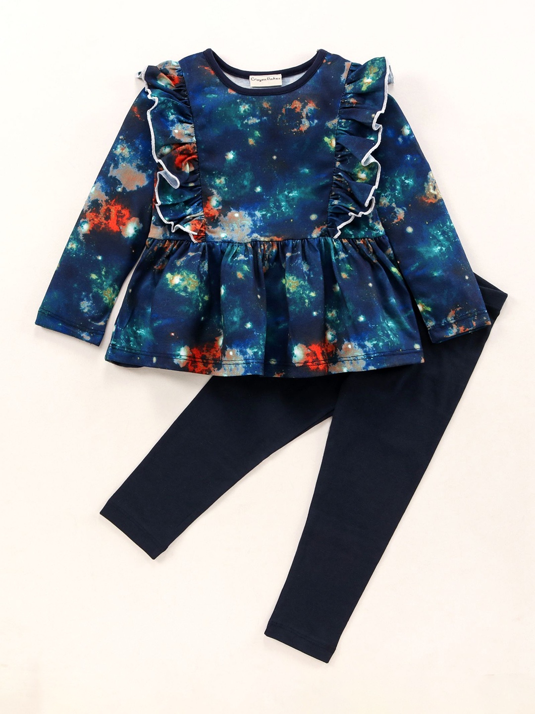 

CrayonFlakes Girls Printed Pure Cotton Top with Leggings, Blue
