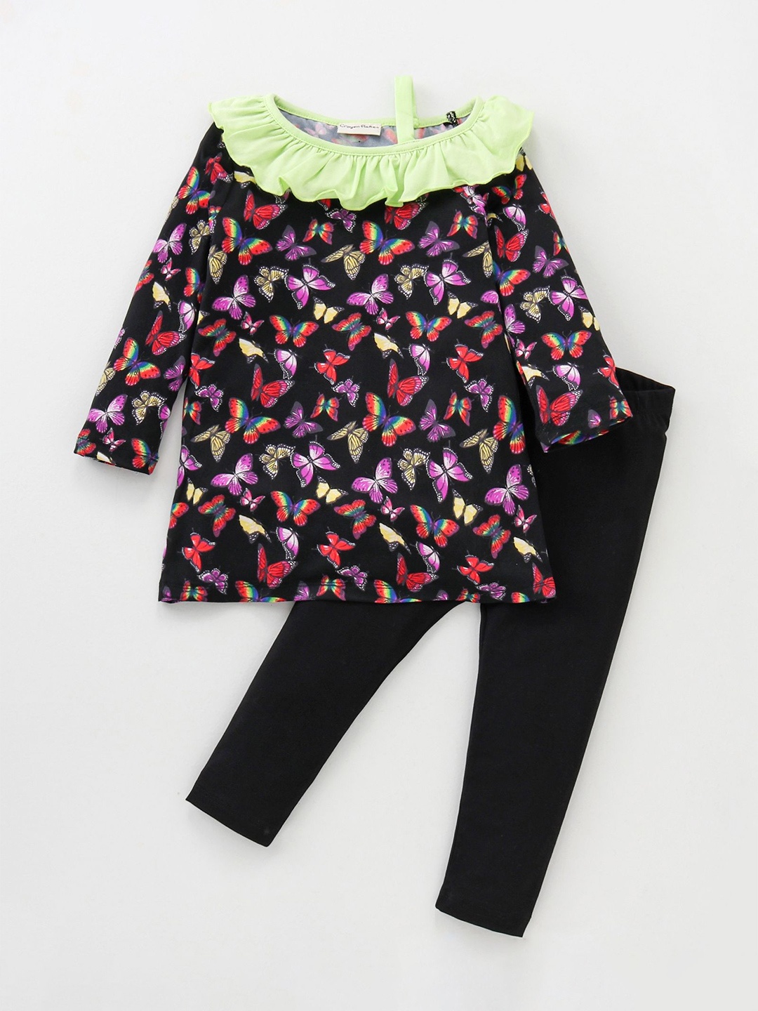 

CrayonFlakes Girls Printed Pure Cotton Top with Leggings, Black