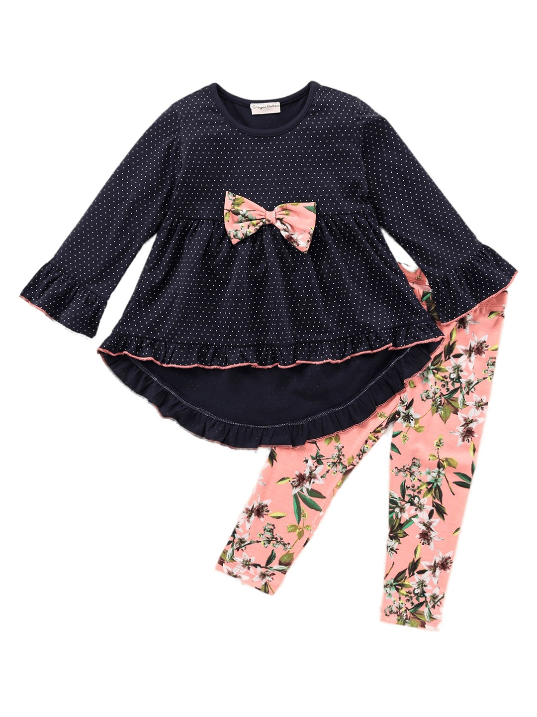 

CrayonFlakes Girls Printed Pure Cotton Top with Leggings, Black