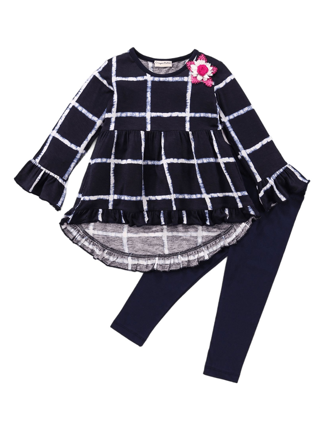 

CrayonFlakes Girls Checked Top with Leggings, Navy blue