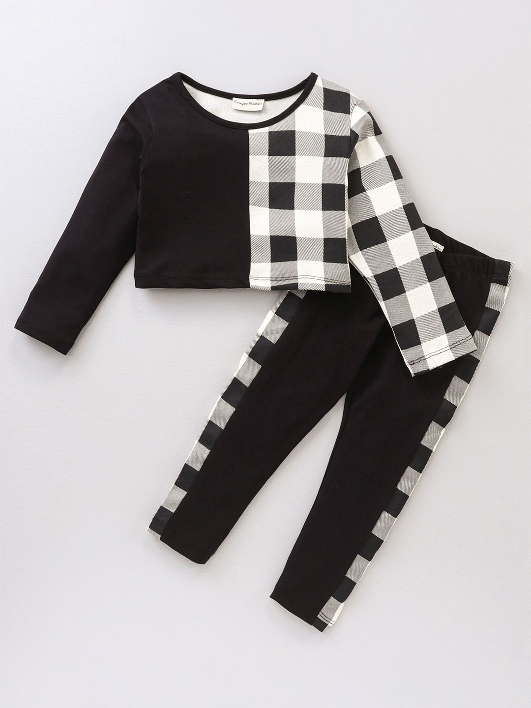 

CrayonFlakes Girls Printed Pure Cotton Top with Leggings, Black