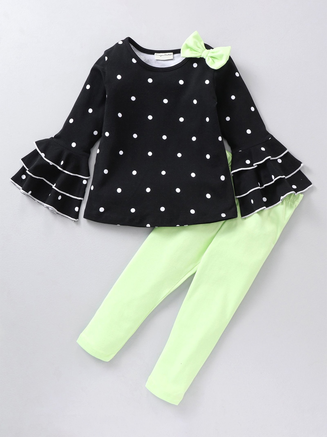 

CrayonFlakes Girls Printed Pure Cotton Top with Leggings, Black