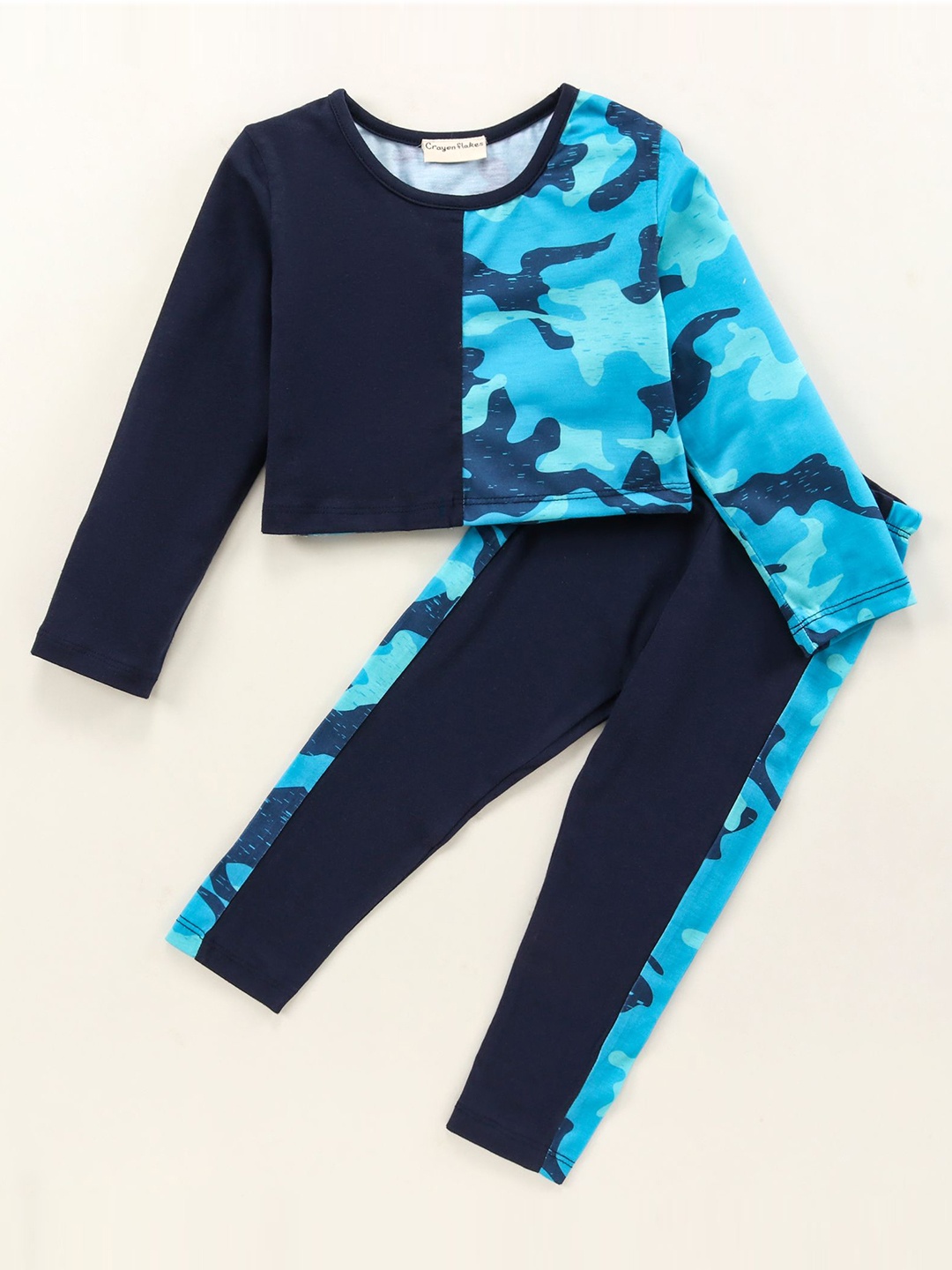 

CrayonFlakes Girls Printed Pure Cotton Top with Leggings, Navy blue