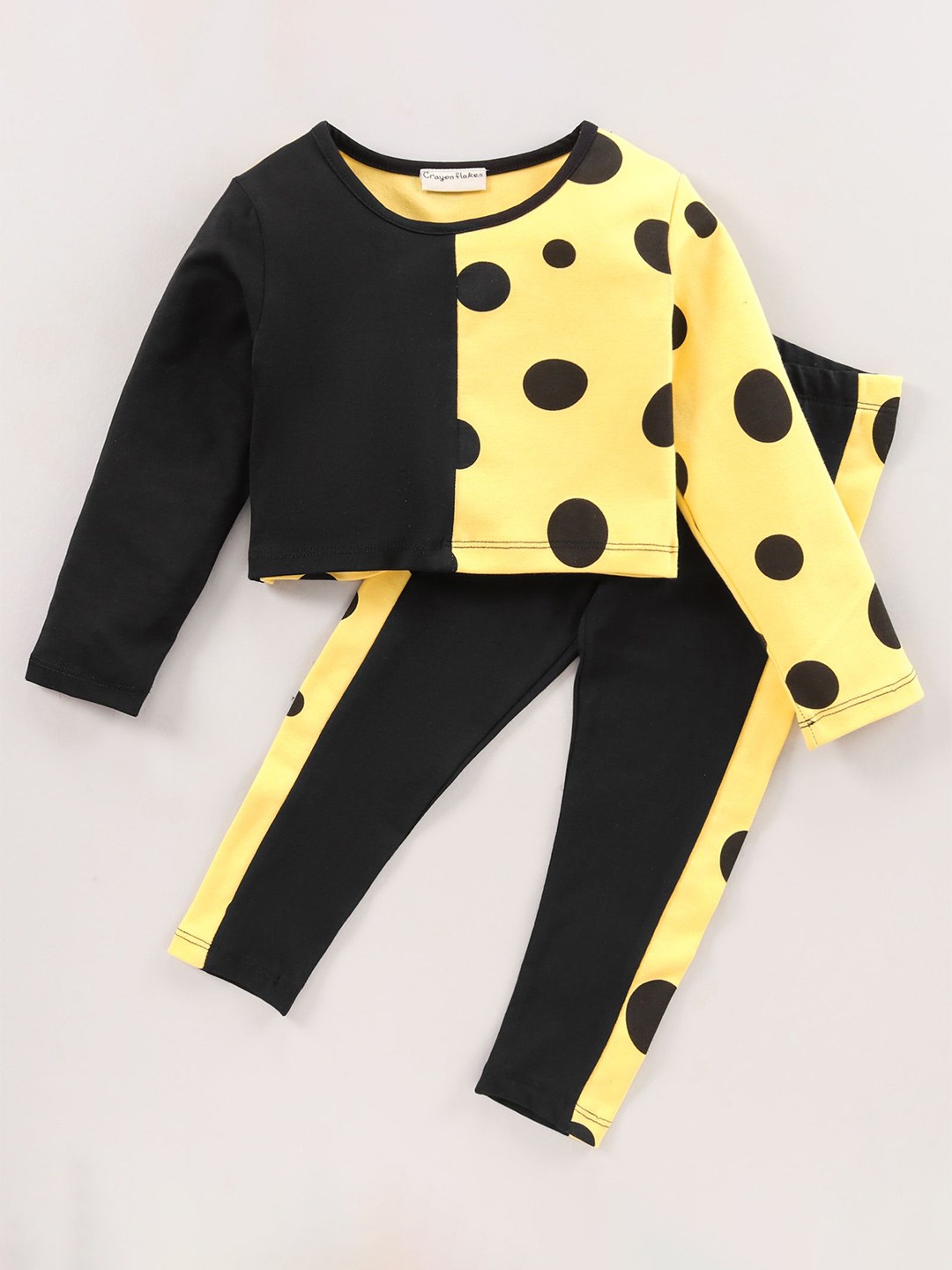 

CrayonFlakes Girls Printed Pure Cotton Top with Leggings, Black