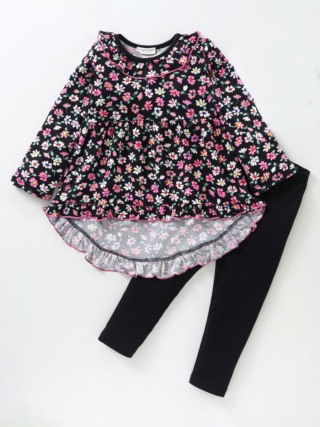 

CrayonFlakes Girls Printed Top with Leggings, Black