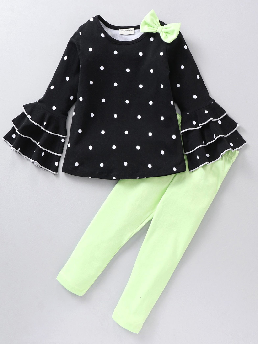

CrayonFlakes Girls Printed Pure Cotton Top with Leggings, Black