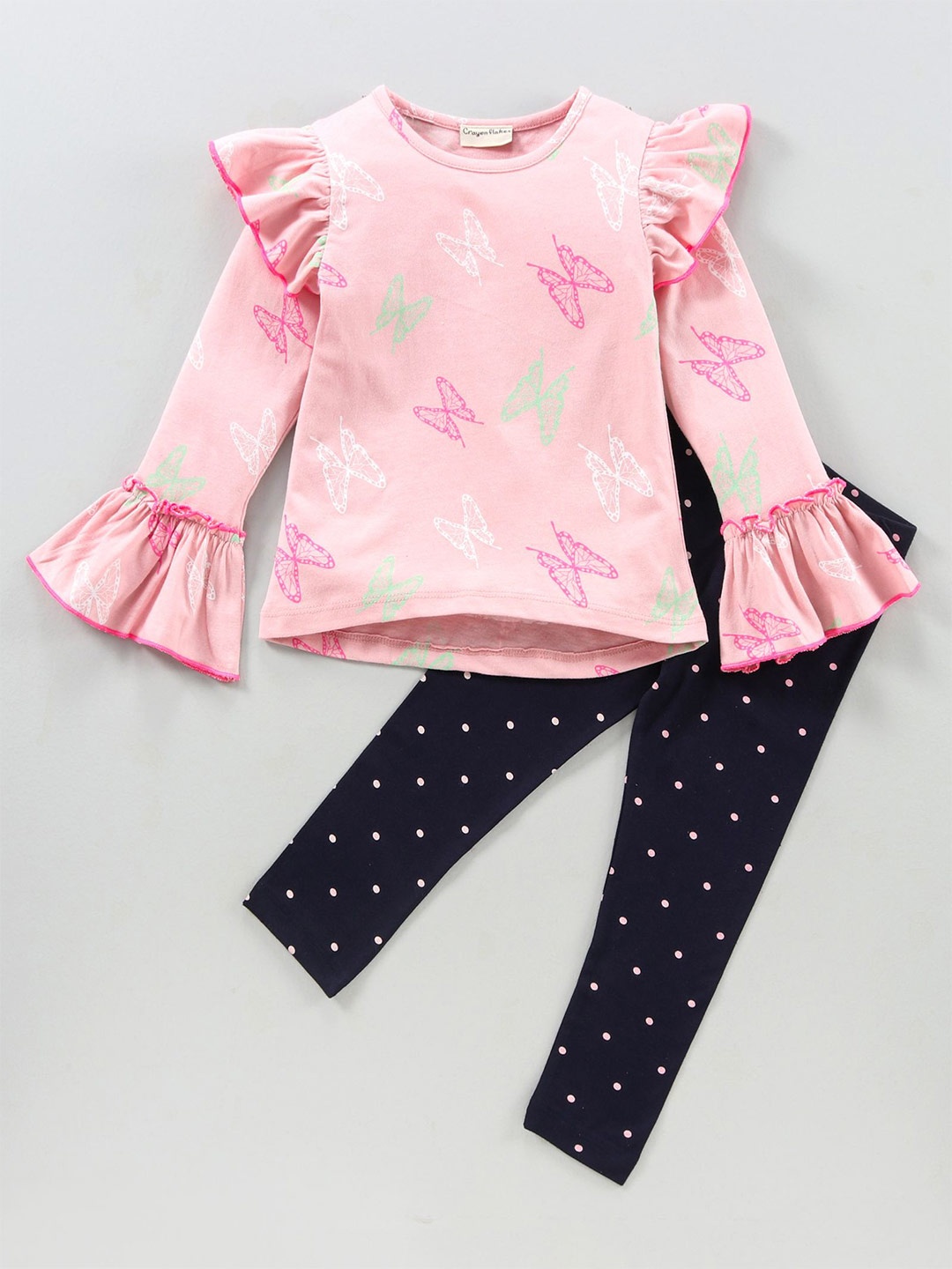 

CrayonFlakes Girls Printed Pure Cotton Top with Leggings, Pink
