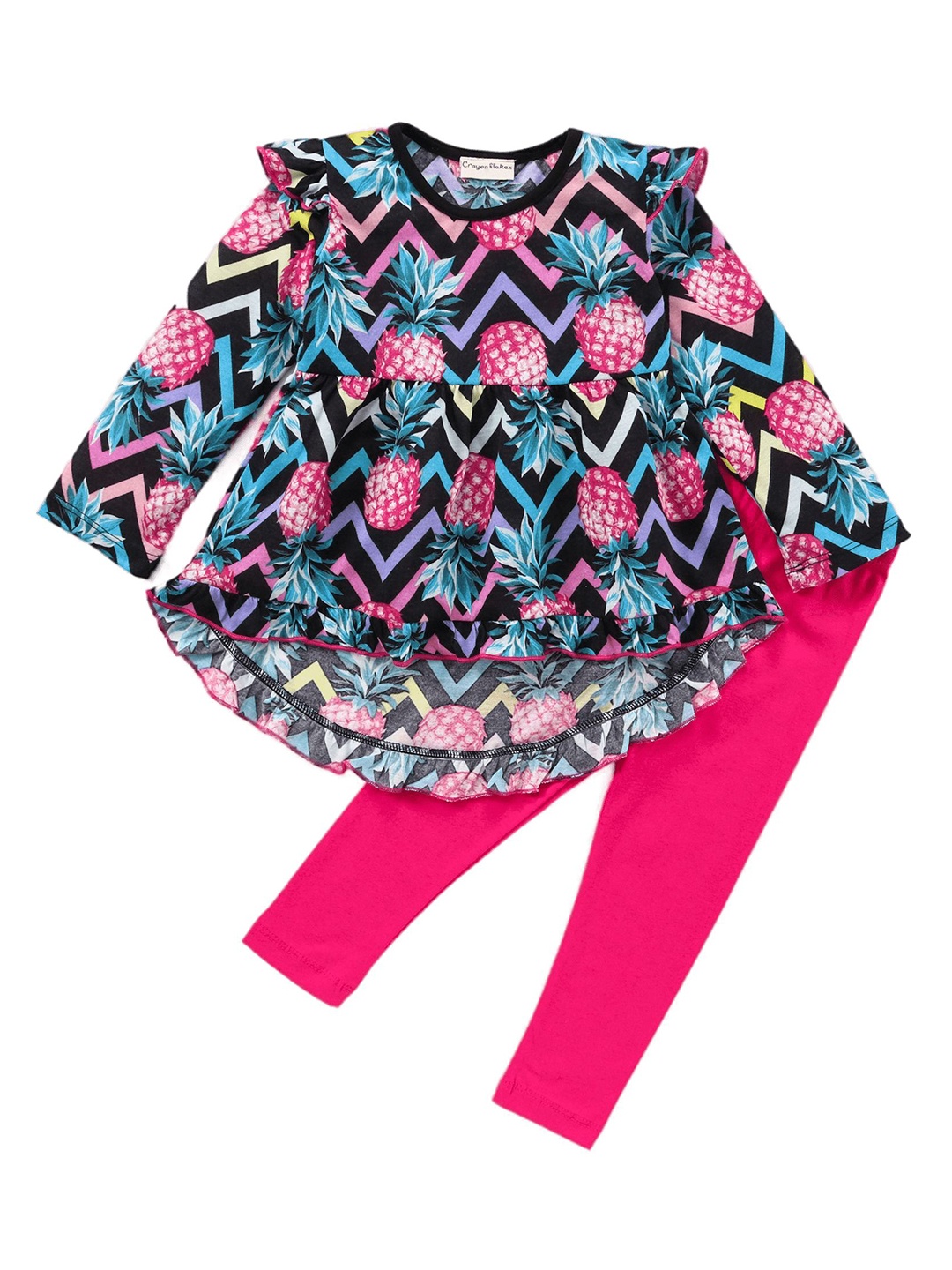

CrayonFlakes Girls Printed Pure Cotton Top with Leggings, Black