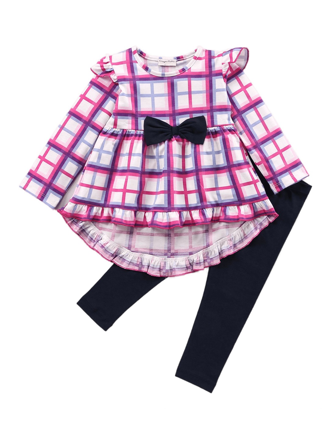 

CrayonFlakes Girls Checked Pure Cotton Top with Leggings, Off white