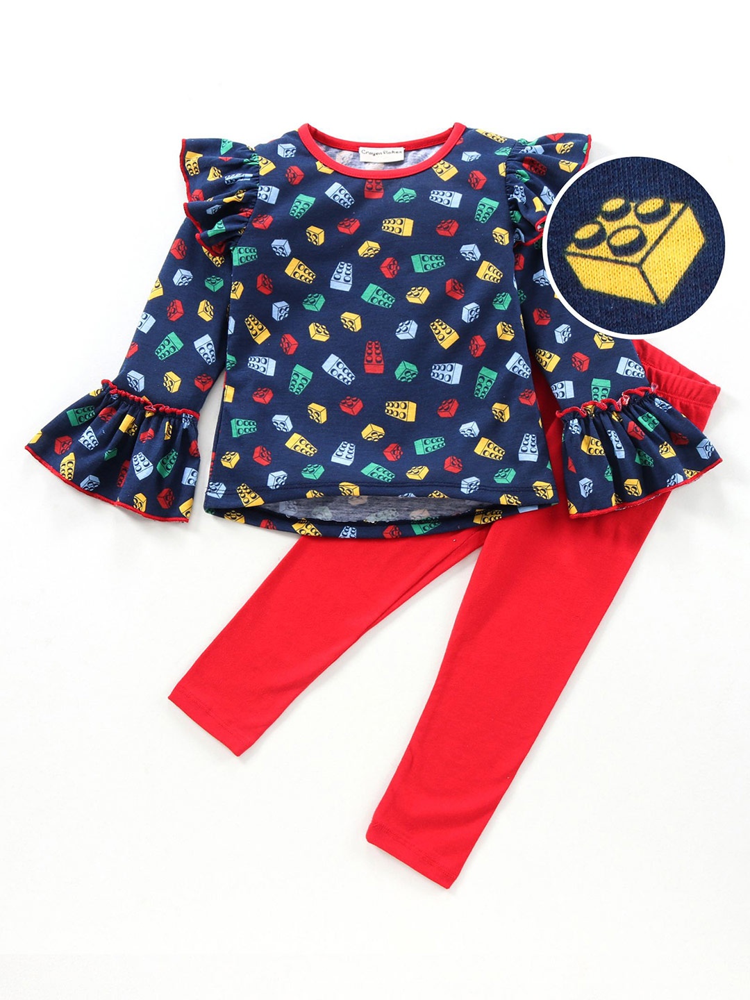 

CrayonFlakes Girls Printed Pure Cotton Top with Leggings, Navy blue