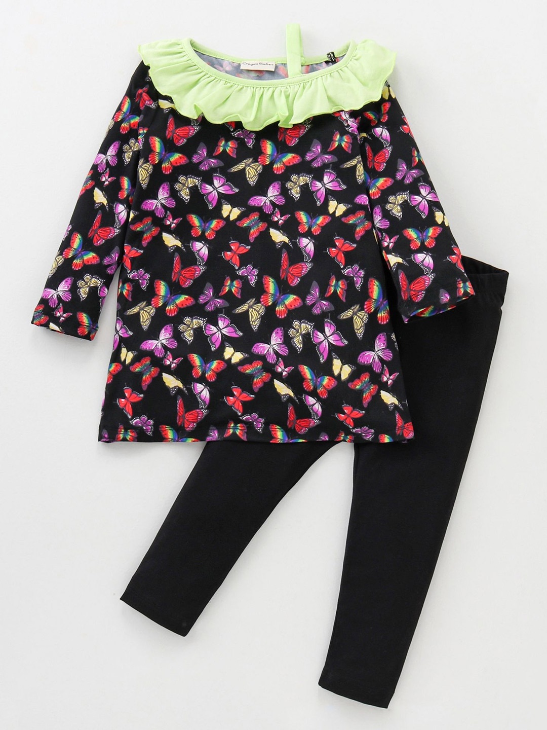 

CrayonFlakes Girls Printed Top with Leggings Set, Black