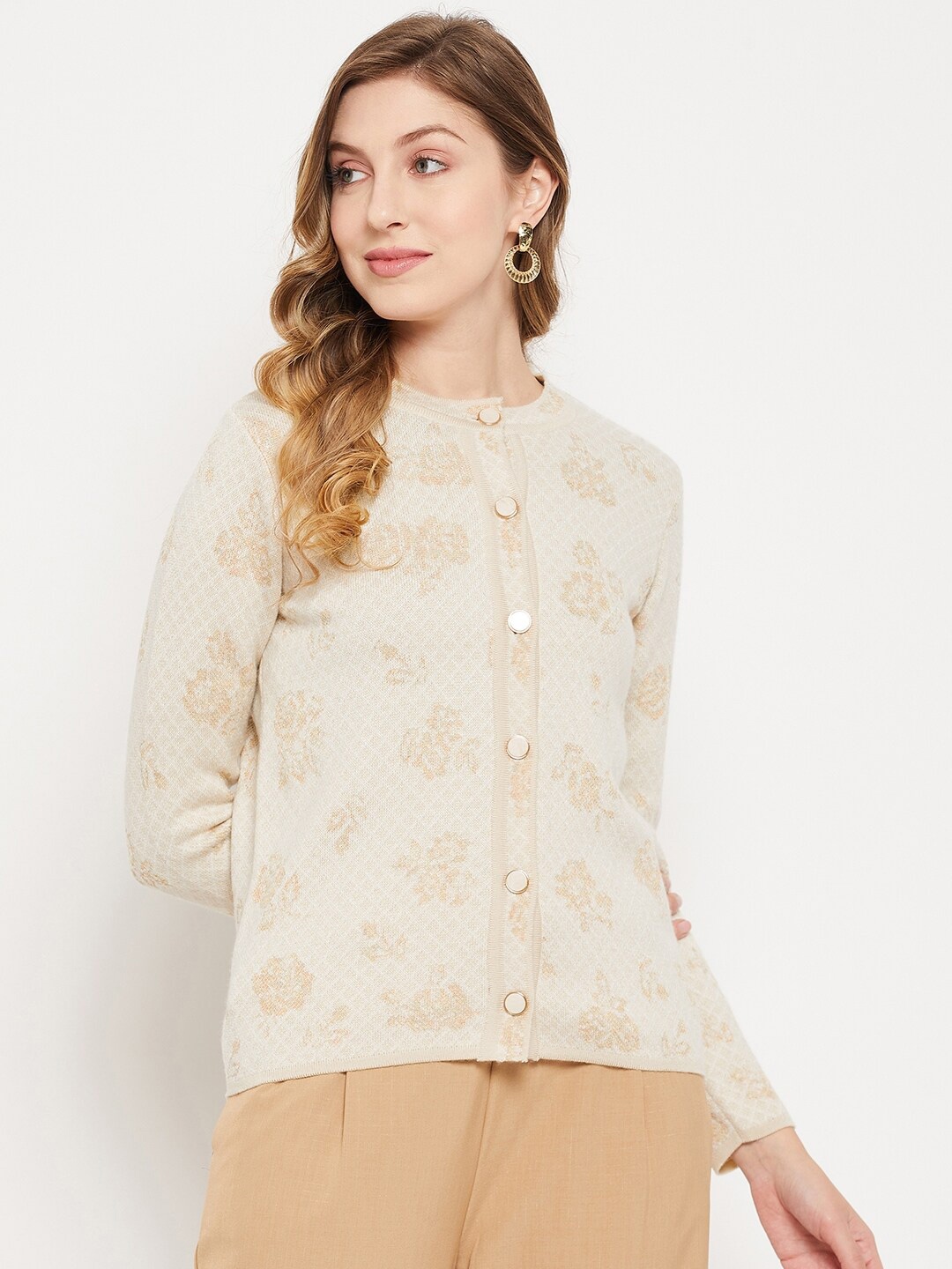 

Madame Women Acrylic Printed Front Open Cardigan, Beige