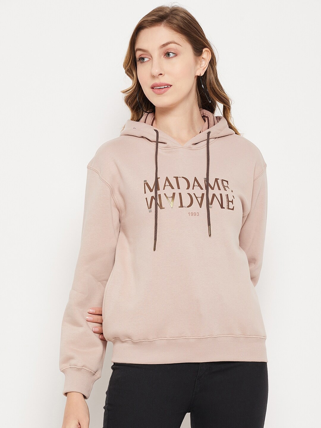 

Madame Women Typography Printed Hooded Sweatshirt, Brown