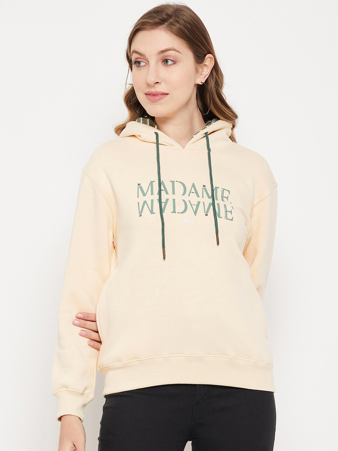 

Madame Women Typography Printed Hooded Cotton Sweatshirt, Cream