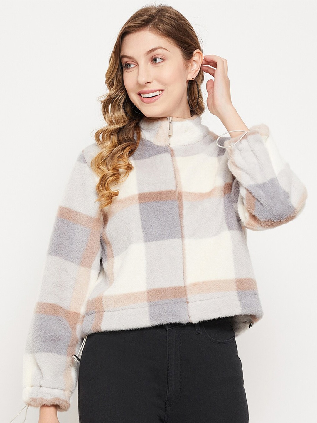 

Madame Women Checked Cotton Sweatshirt, Blue