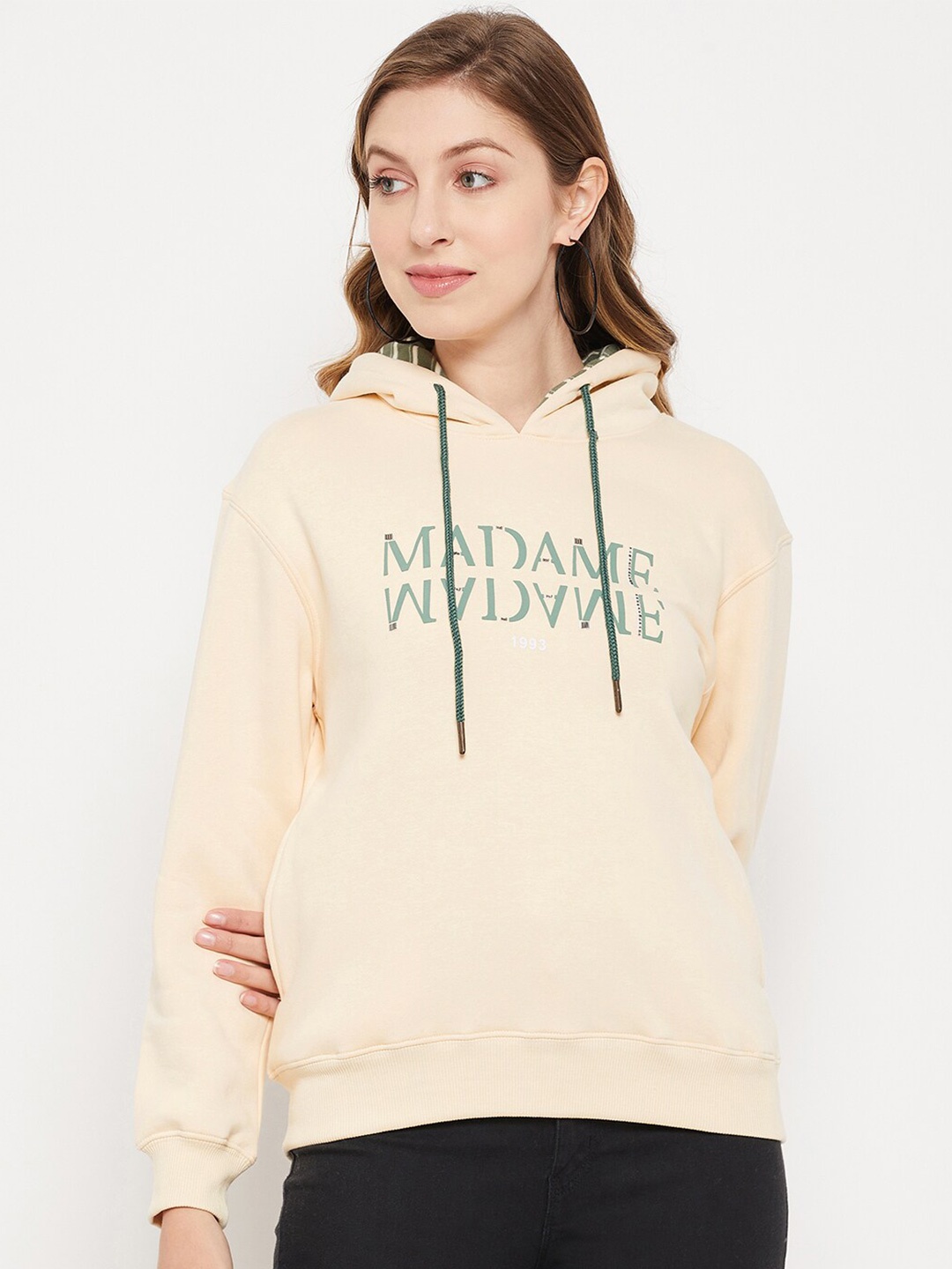 

Madame Women Printed Hooded Cotton Sweatshirt, Cream