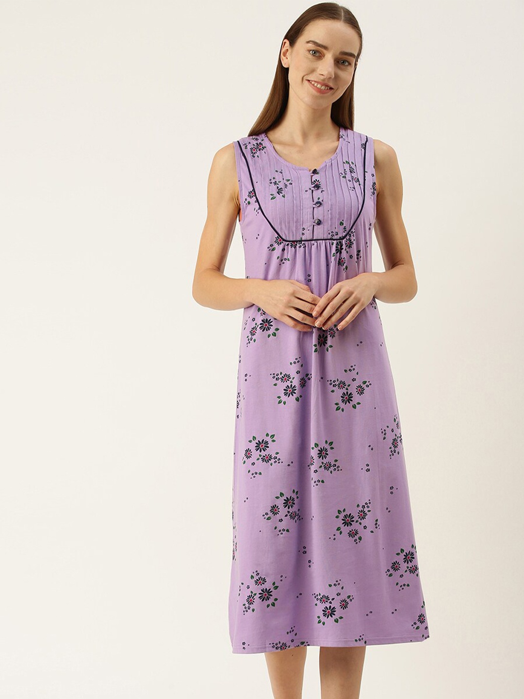 

Slumber Jill Women Printed Pure Cotton Nightdress, Lavender