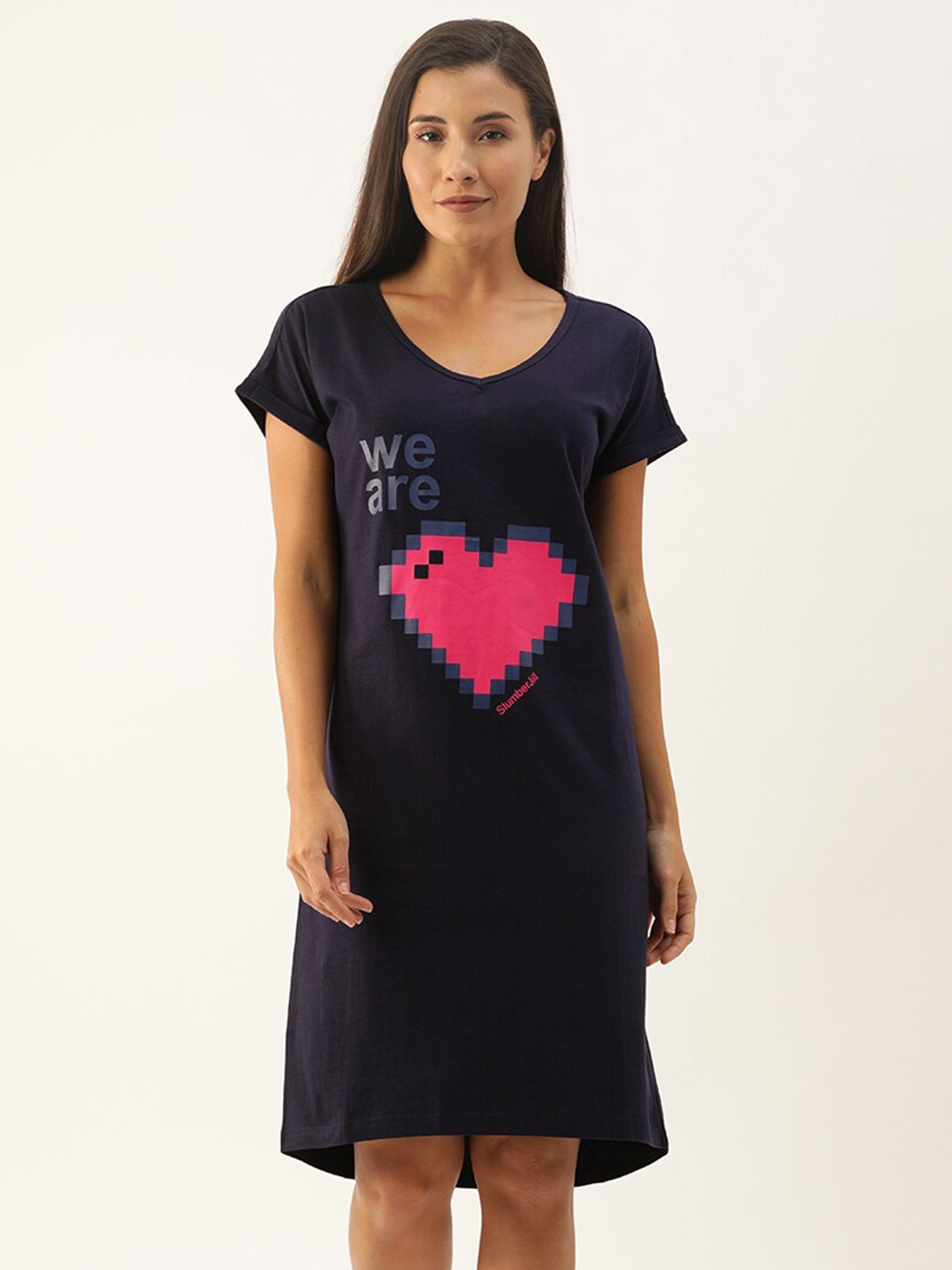 

Slumber Jill Women Printed Pure Cotton Nightdress, Navy blue