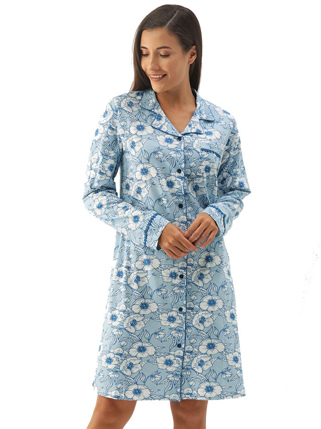 

Slumber Jill Women Printed Pure Cotton Nightdress, Blue