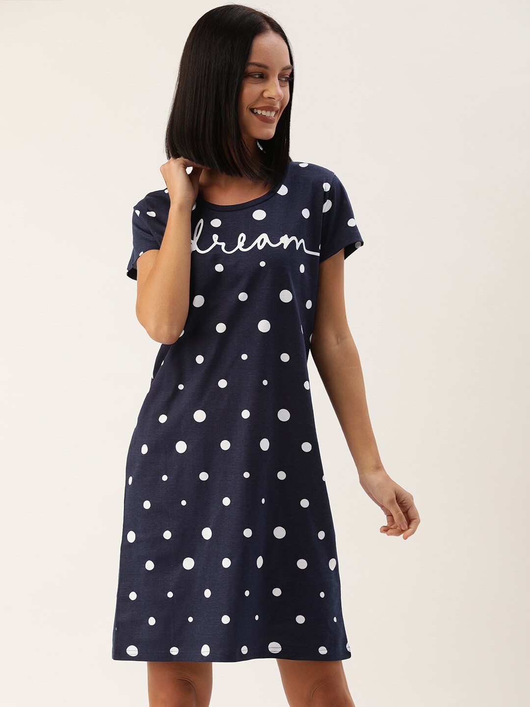 

Slumber Jill Women Printed Pure Cotton Nightdress, Navy blue