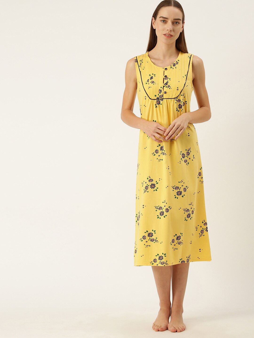 

Slumber Jill Mustard Floral Printed Pure Cotton Nightdress