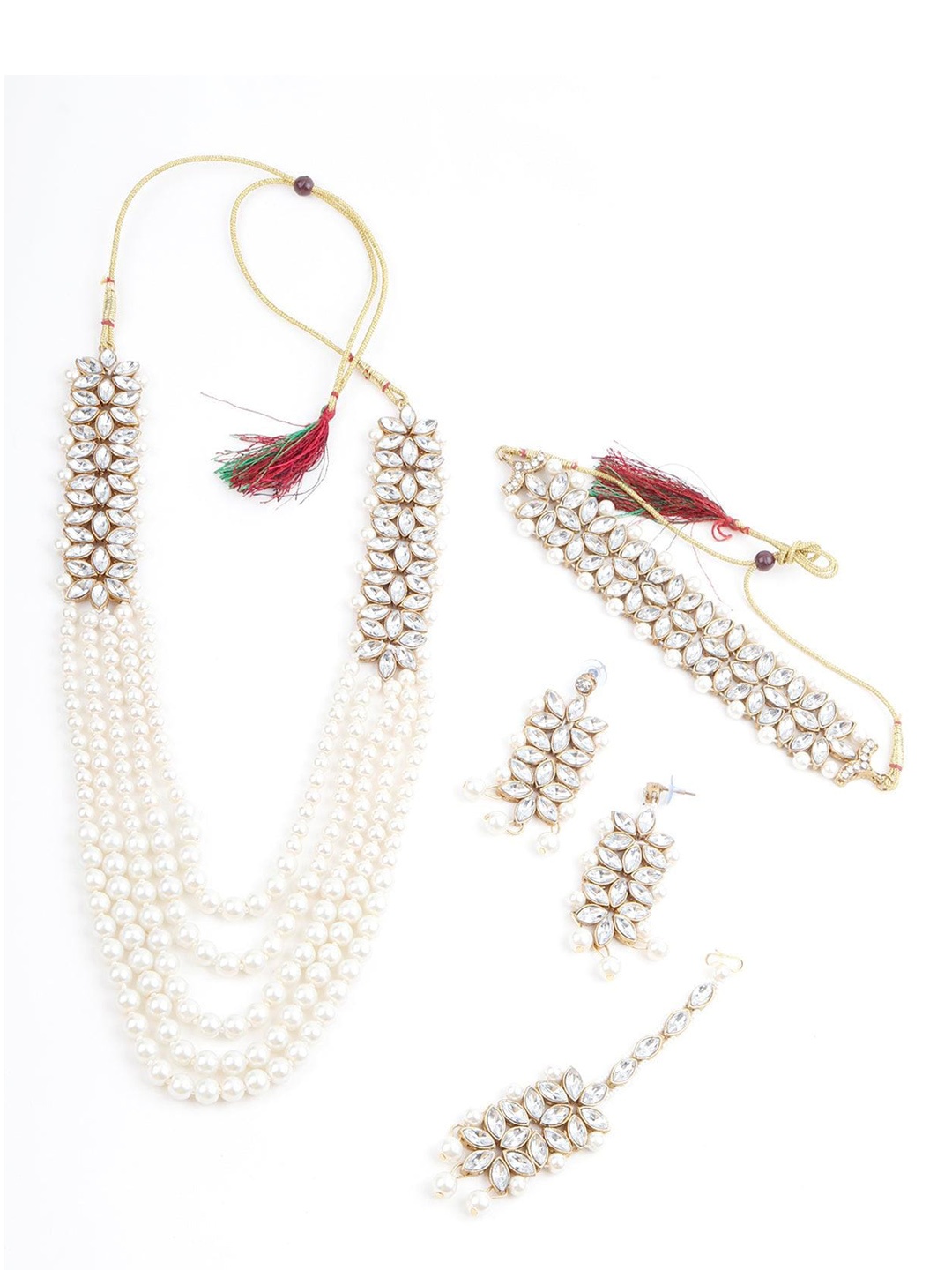 

ODETTE Gold-Plated Kundan Stone-Studded Pearl Beaded Layered Jewellery Set, White