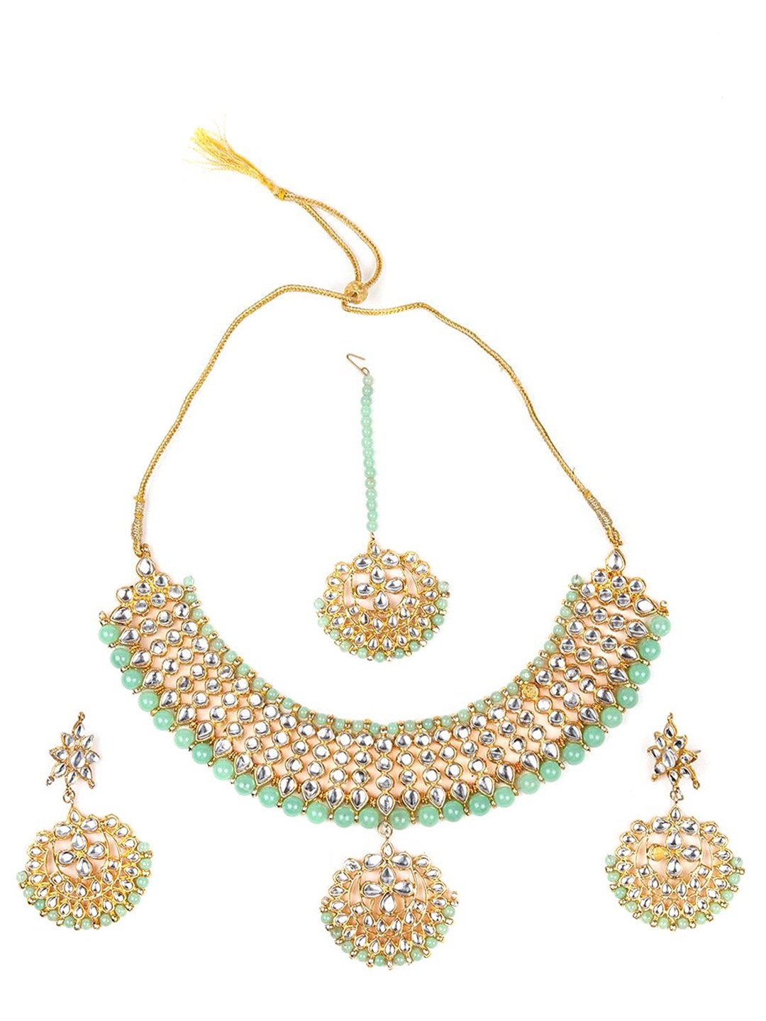 

ODETTE Gold-Plated Kundan Stone-Studded & Beaded Choker Necklace Set, Green