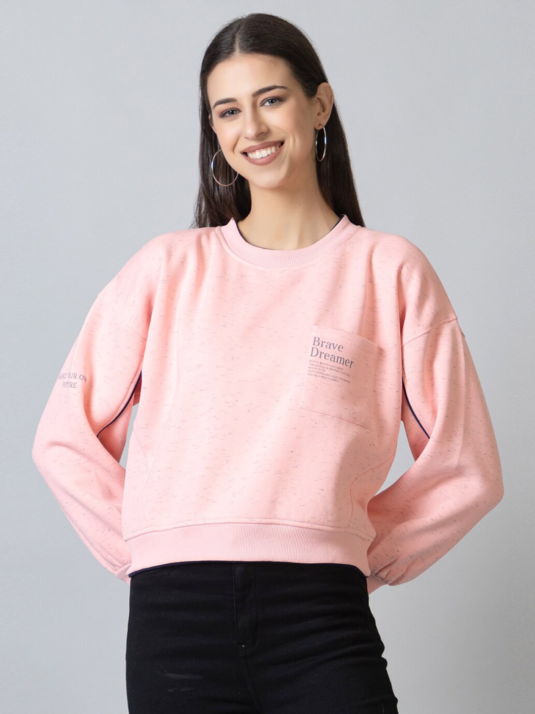 

FEMEA Women Printed Fleece Sweatshirt, Peach