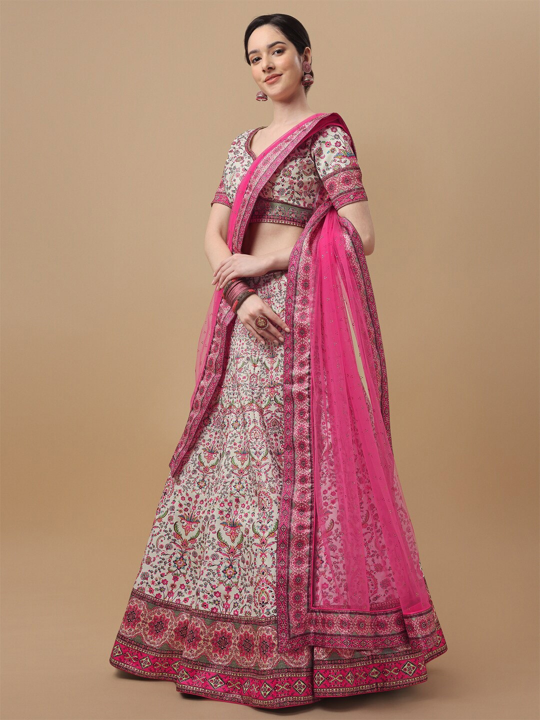 

SAPTRANGI Embroidered Thread Work Semi-Stitched Lehenga & Unstitched Blouse With Dupatta, White