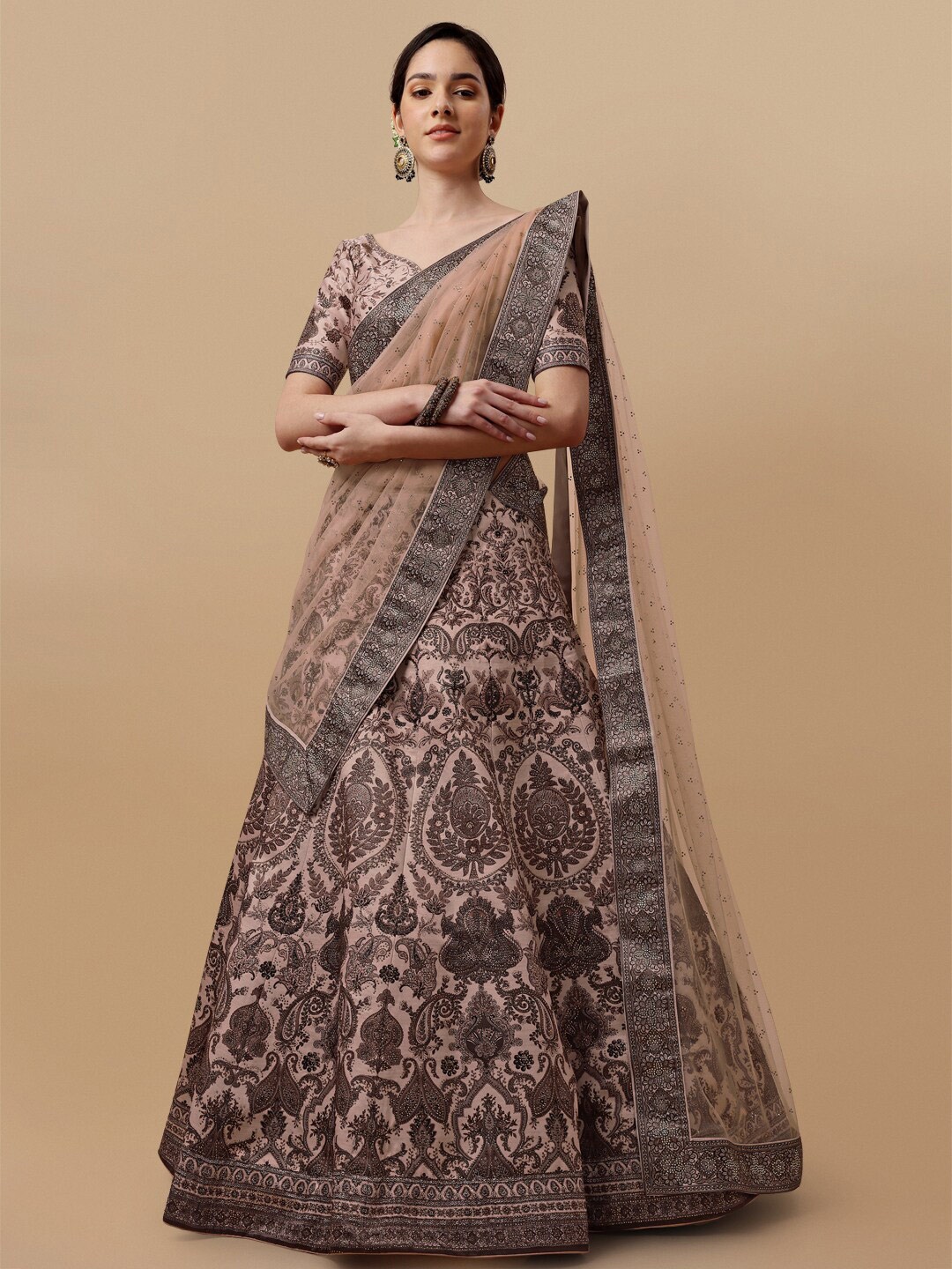 

SAPTRANGI Printed Semi-Stitched Lehenga & Unstitched Blouse With Dupatta, Peach