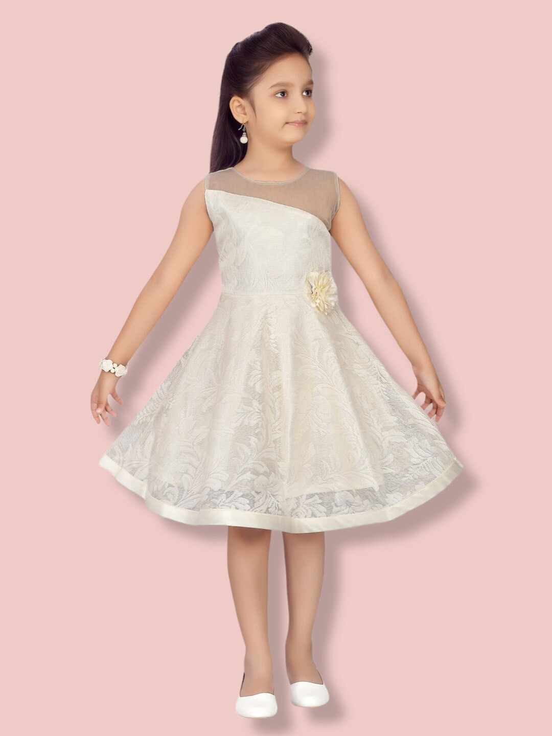 

Aarika Girls Floral Net Dress, Cream