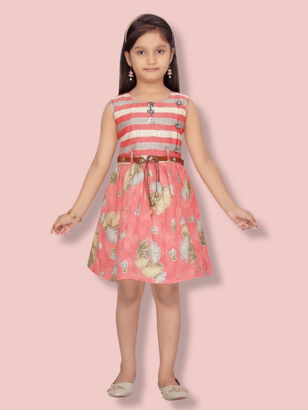 

Aarika Girls Floral Printed Sleeveless Belted Dress, Red