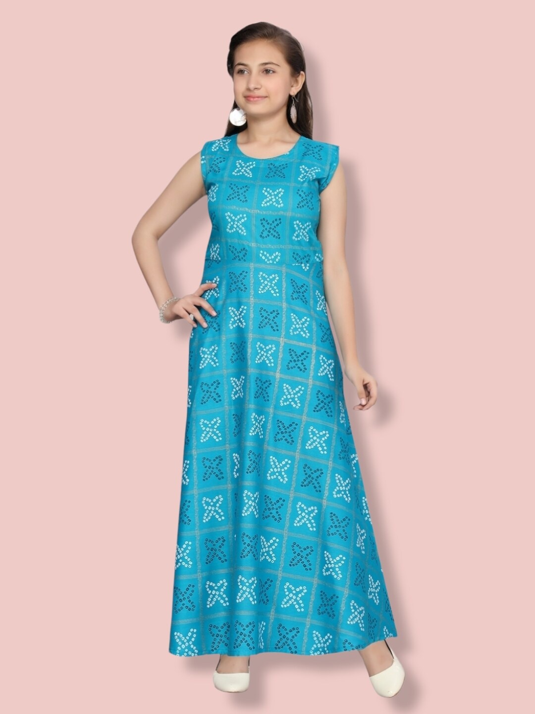 

Aarika Girls Floral Maxi Cotton Dress, Turquoise blue