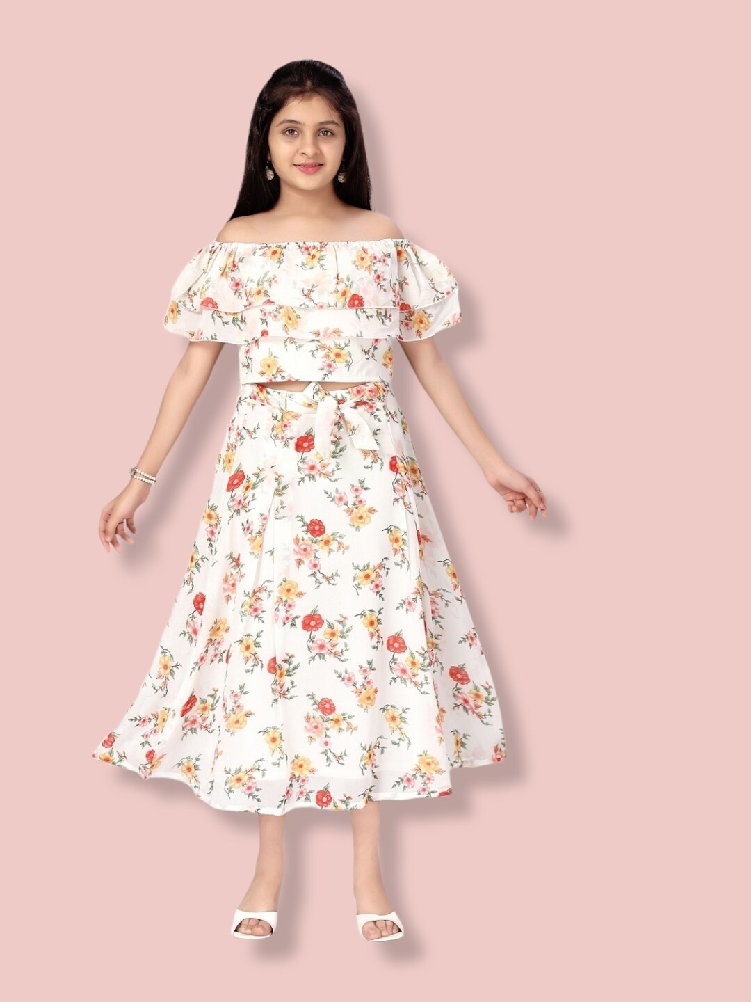 

Aarika Floral Off-Shoulder Georgette Maxi Dress, Cream