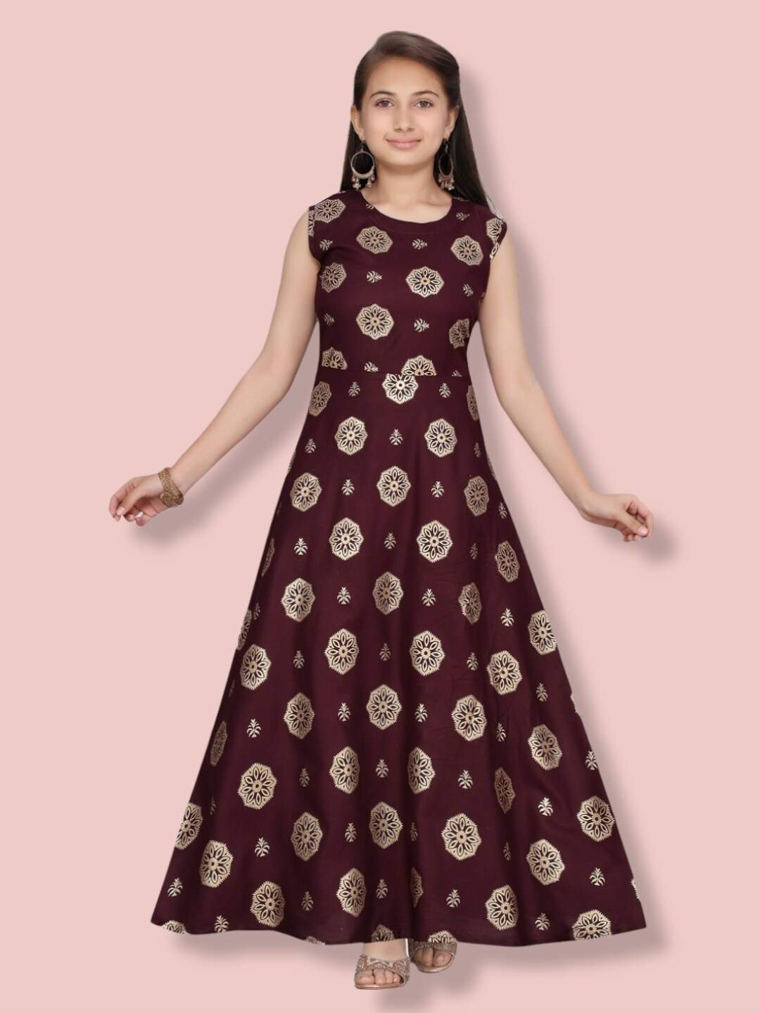 

Aarika Girls Ethnic Motifs Maxi Cotton Dress, Burgundy