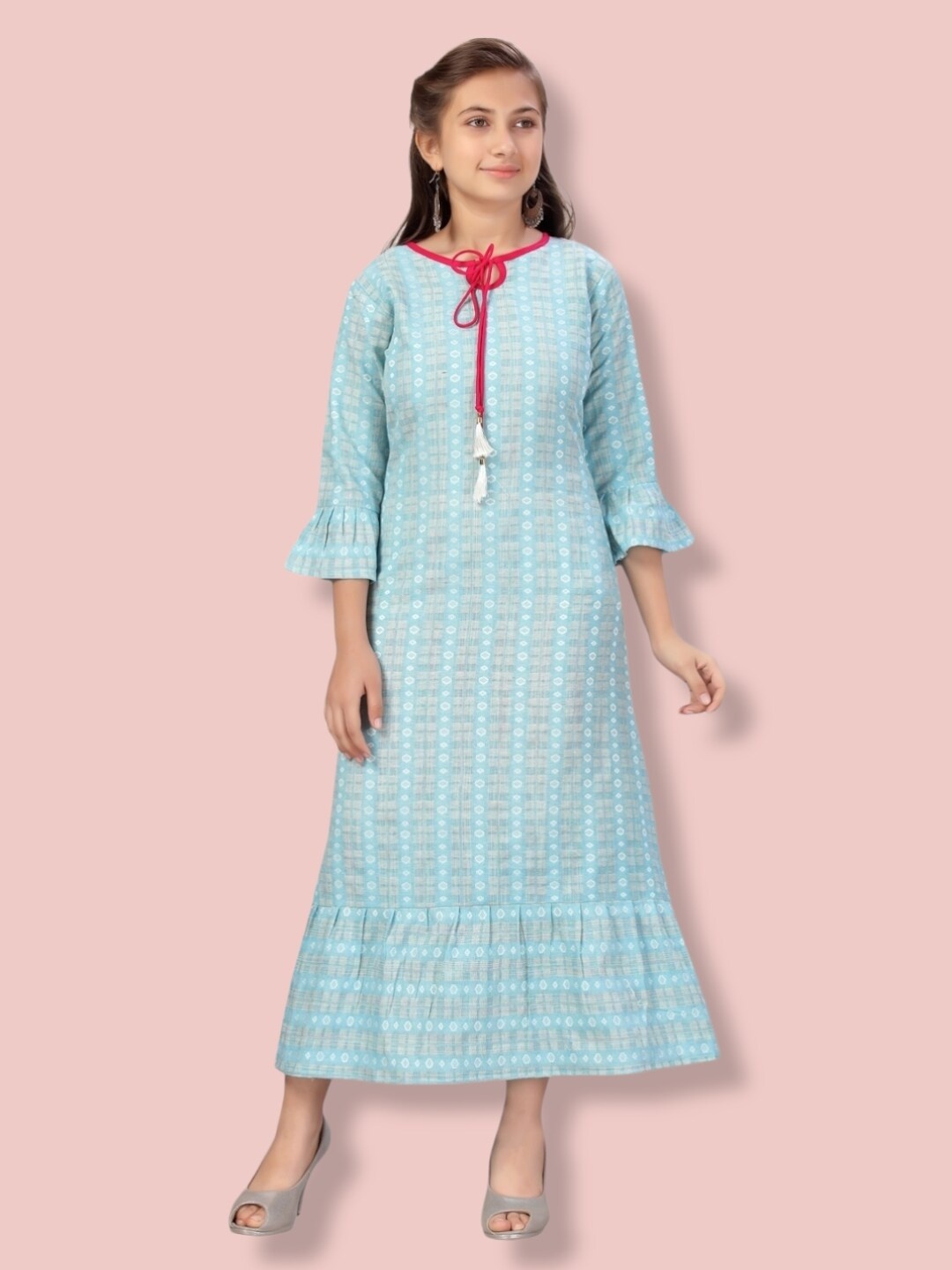 

Aarika Girls Ethnic Motifs Tie-Up Neck Maxi Cotton Dress, Turquoise blue