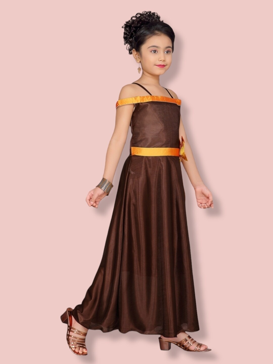 

Aarika Girls Belted Shoulder Strap Silk Maxi Dress, Coffee brown