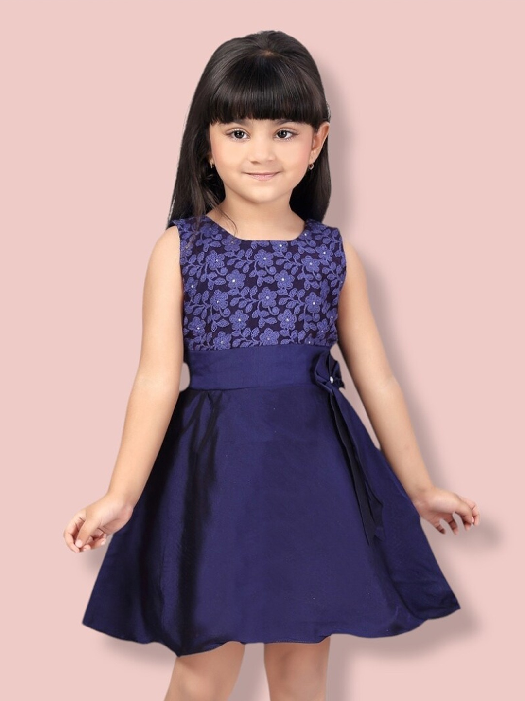 

Aarika Girls Floral Net Dress, Navy blue