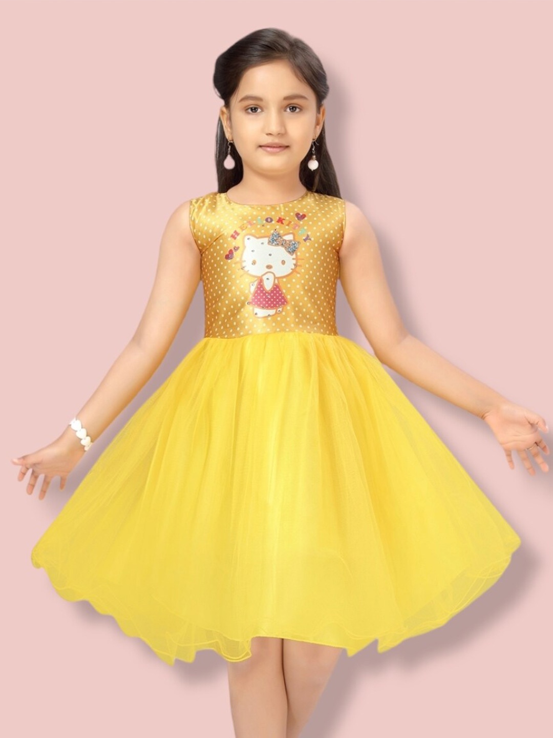 

Aarika Girls Round Neck Graphic Printed Fit And Flare Dress, Yellow