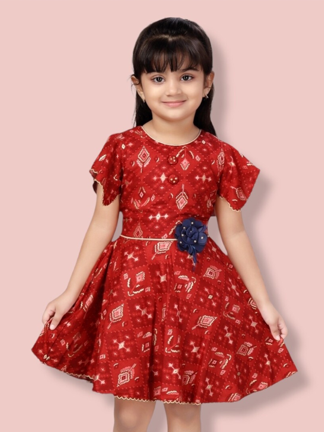 

Aarika Printed Round Neck Fit And Flare Dress, Red